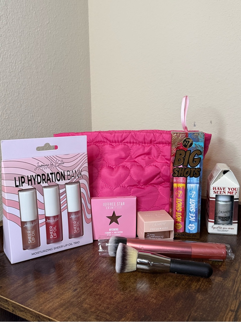 Pink Quilted Makeup Bag with Beauty Bundle